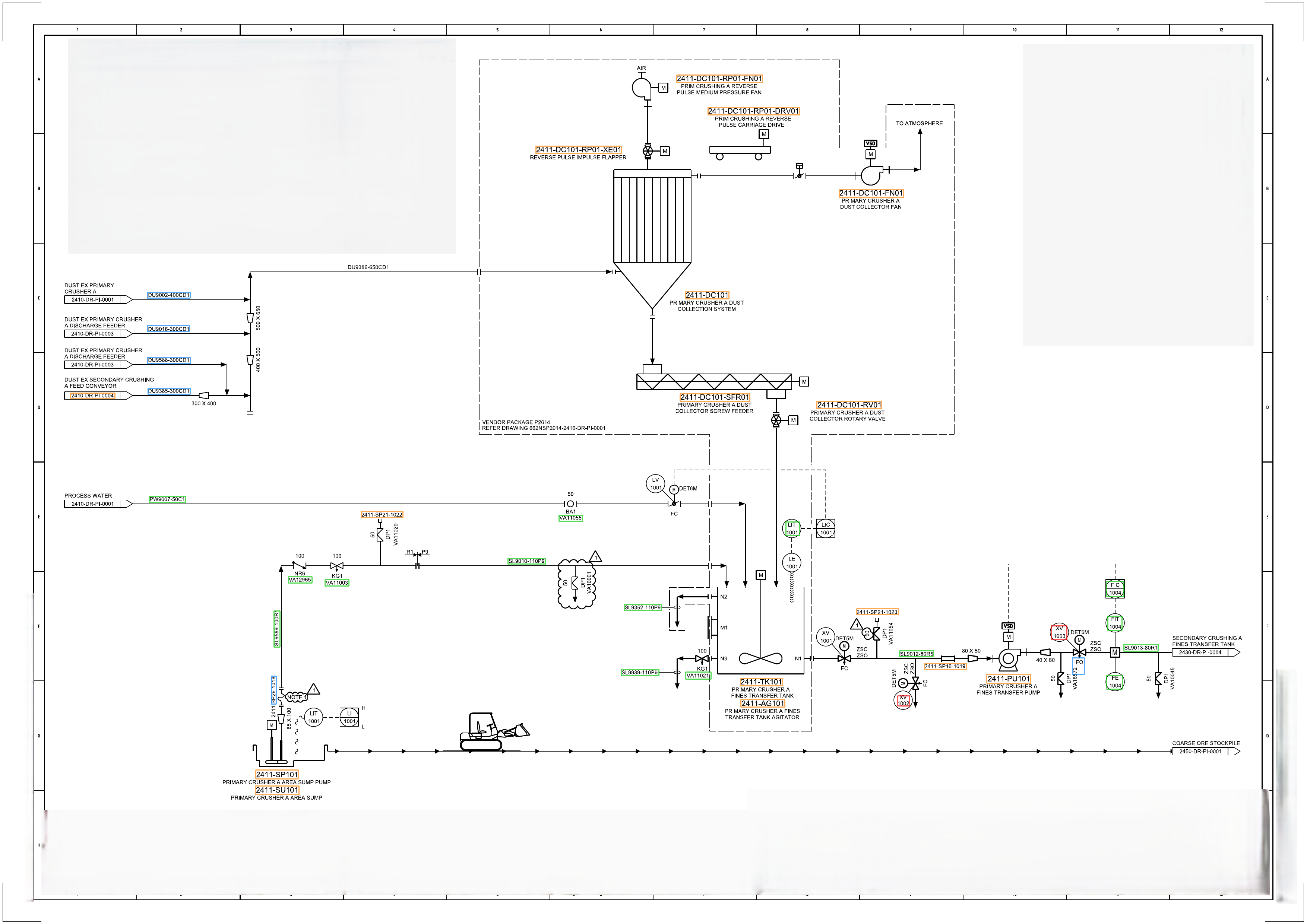 Engineering drawing with AI-highlighted equipment tags